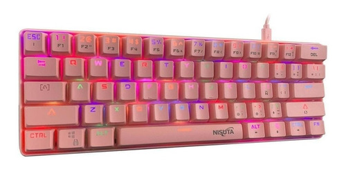 Teclado Gamer Nisuta Nskbgz61 Qwerty Español España Color Rosa Con Luz Rgb