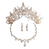 Dorada Cristal Corona Tiara Collar Y Aretes Xv Años Boda