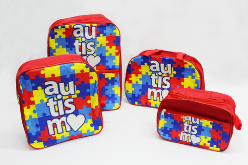 Kit Mochila Bolsa Necessaire Autismo Puzzle Vermelho