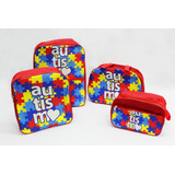 Kit Mochila Bolsa Necessaire Autismo Puzzle Vermelho