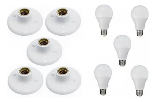 Kit 5 Plafons Redondo Branco Bocal E27 + 5 Lampadas Led 