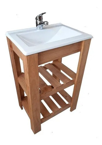 Mueble Para Baño Df Hogar Campo Pie + Bacha + Grifería De 50cm De Ancho, 80cm De Alto Y 37cm De Profundidad, Con Bacha Color Blanco Y Mueble Nogal Claro Con Un Agujero Para Grifería