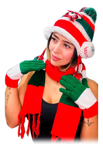 Kit X3 Navideño Gorro Orejas Bufanda Guantes Frío Navidad