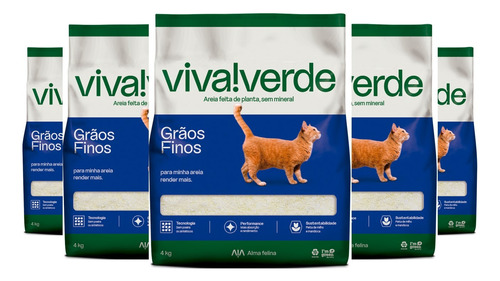 Kit 5 Areias Higiênicas Grãos Finos Premium Viva Verde 4kg 