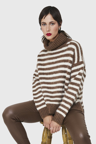 Sweater Holgado Rayado Cuello Alto Café Nicopoly