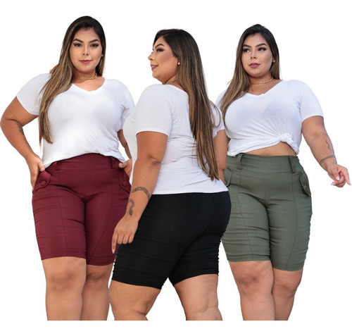 Kit 3 Bermudas Com Lycra Meia Coxa Feminina Plus Size Modern