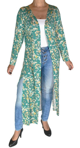 Sobretodo Kimono Largo Con Aberturas Cardigan Flores Mujer 