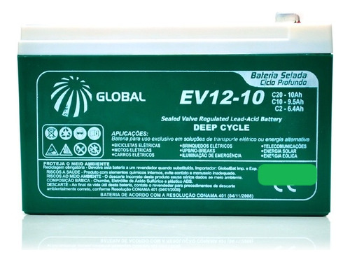 Bateria Gel Selada 12v 10ah Global - Ciclo Profundo Ev12-10