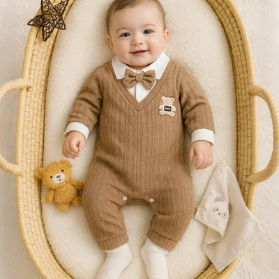 Mameluco De Algodón Mono Con Osito Y Lazo Para Bebé 0-18m Color Marrón Talla 3-6 Meses Tejido
