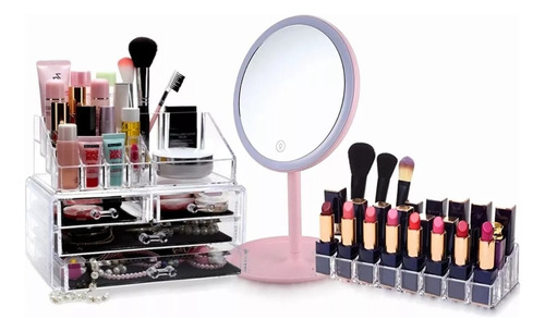 2 Cosmetiquero Acrilico Organizador Maquillaje + Espejo Led 