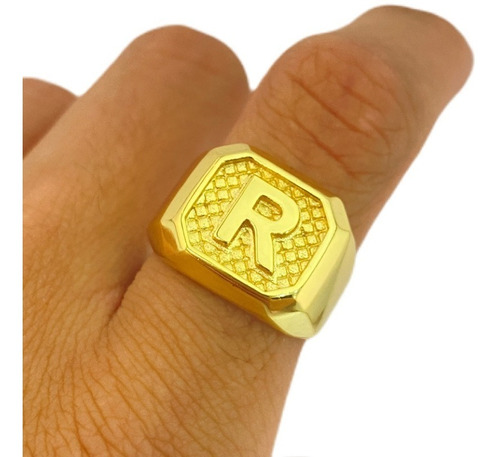 Anel Masculino Letra R De Ouro 18k Dedeira Banhada Exclusivo