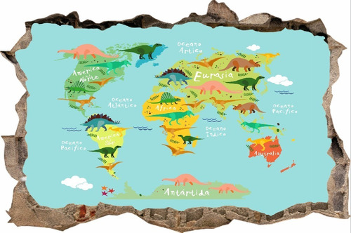 Vinilos Efecto 3d Hueco Pared Mapa Dinosaurios - 1m X 60cm