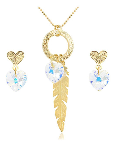 Collares Mujer Aretes Corazones Swarovski Cadena Oro Goldfi