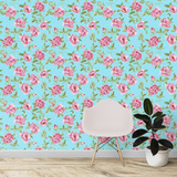 Papel De Parede Floral Rosa Com Fundo Azul 3,50m