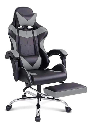  Lumax Silla Gamer Con Reposa Pies Ergonómica  Negra Y Gris Con Tapizado De Cuero Sintético