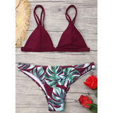 Conjunto De Bikini En Forma De W Con Estampado De Hojas Y Ca