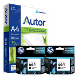 Cartuchos Hp 664 Negro Pack X2 Originales + Resma Autor A4