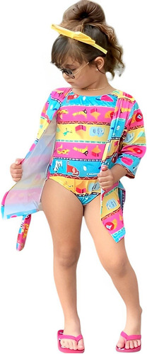 Biquini Infantil Conjunto Maiô Com Kimono Saída De Praia 