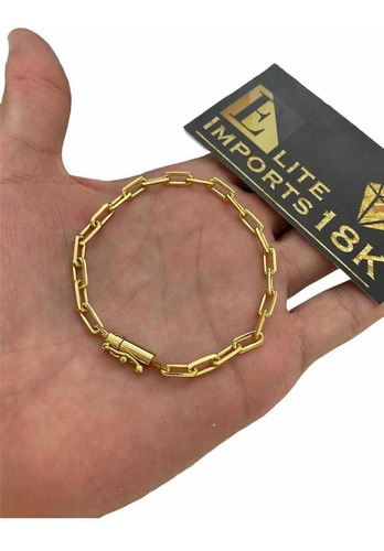 Pulseira Cadeado Alongado 5mm Banhado A Ouro 18k Luxo 