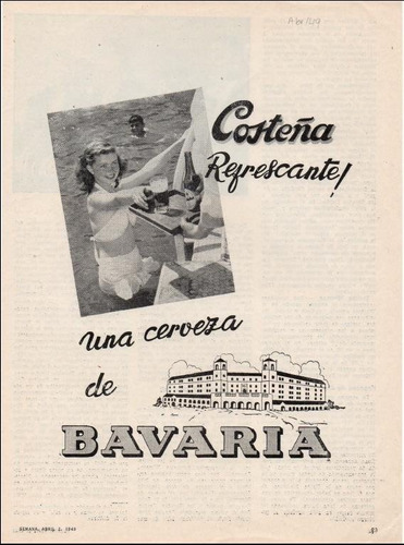 Cerveza Bavaria Costeña Antiguo Aviso Publicitario De 1949