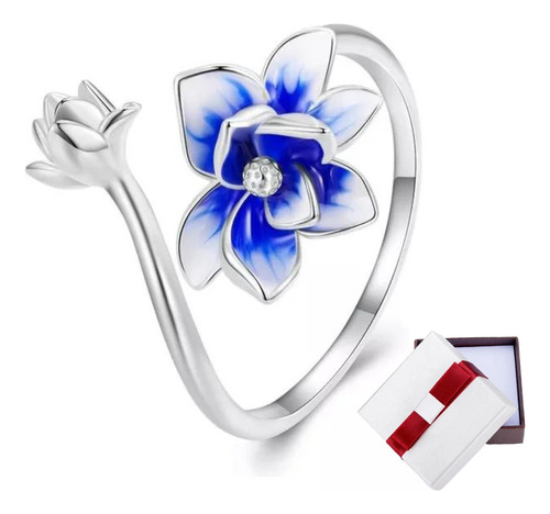 Anillo Plata 925 Mujer Ajustable Flor Loto Esmalte Azul