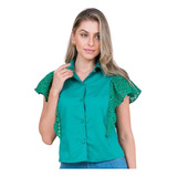 Camisa Feminina Manga Babado Curta Em Laise Moda Social