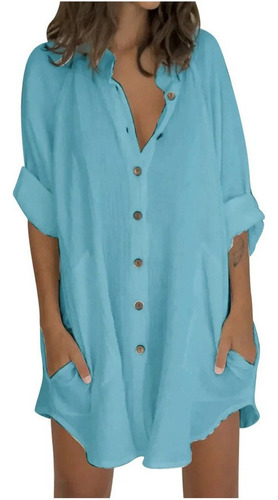 Vestido Mujer Camisa Corta Manga 3/4 Color Liso