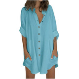 Vestido Mujer Camisa Corta Manga 3/4 Color Liso