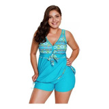 Traje De Baño Para Gorditas Curvy Blusón Falda Y Short