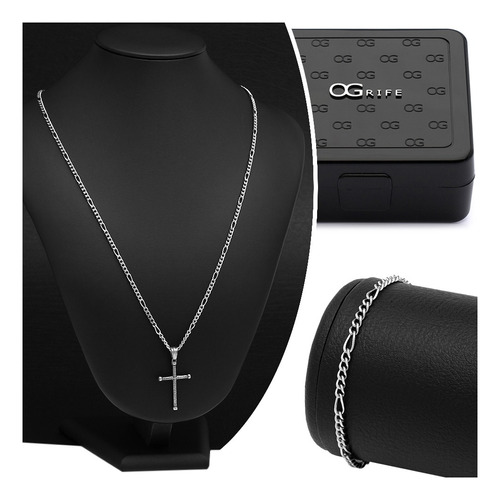 Conjunto Corrente Masculino Aço Inox Prata J-1303 Crucifixo