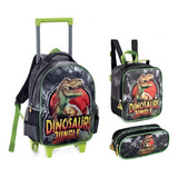 Kit Mochila Estojo Lancheira Dinossauro Jungle Denlex