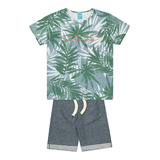 Conjunto Infantil Menino Camiseta Folhas E Bermuda Moletom 