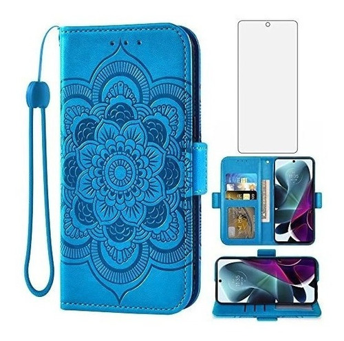 Funda Para Moto G200 5gedge S30 Cuero Mandala Azul + Vidrio