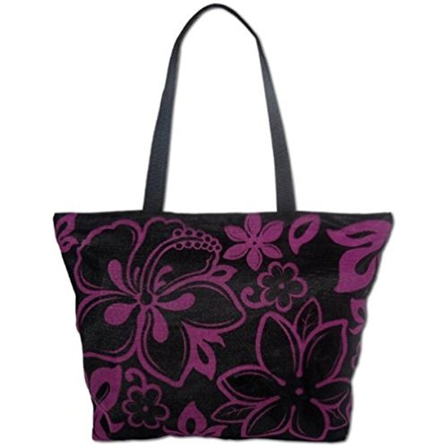 Bolsa De Playa De Malla Hibiscus Plumeria Negra, Violeta