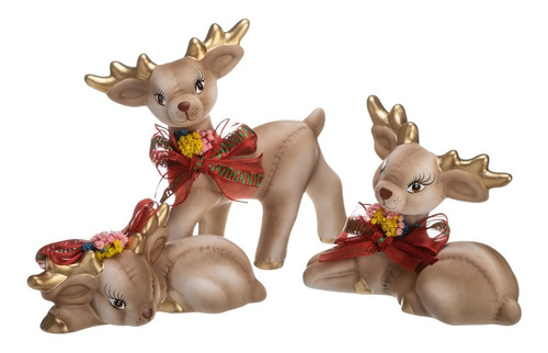 Enfeite Decorativo De Natal Trio Renas Grande Laço Cerâmica 