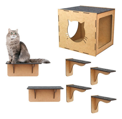 Kit Brinquedo Para Gato 7 Pcs Em Mdf Com Carpete - Promoção