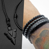 Kit 3 Pulseiras Masculinas Couro Bolinhas + 1 Colar Flecha