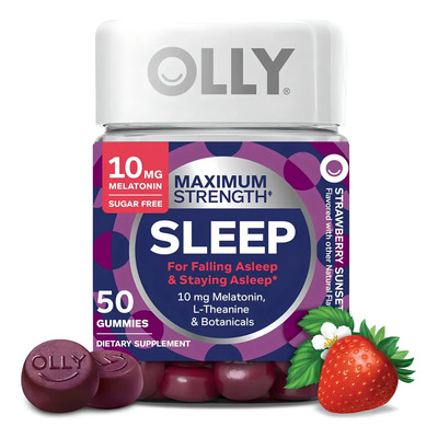 Olly Sleep Fuerza Máxima 10mg Melatonina | 50 Gomitas Sabor Fresa | Sueño Profundo y Natural | Con L-Theanina y Manzanilla | Suplemento Nocturno | Envío gratis