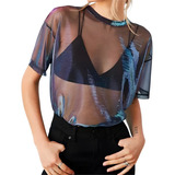 Blusa Camisa Crop Top Transparente Malla Estilo Manga Corta