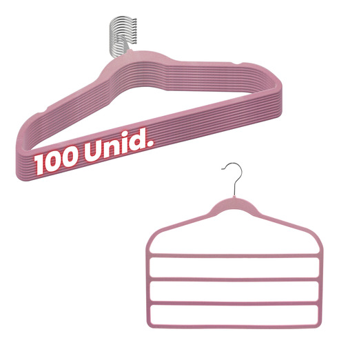 Kit 100 Cabides Veludo Rosa Slim + 5 Cabides P/ 4 Calças