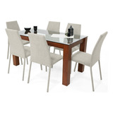 Comedor Turín Cedro 6 Puestos Sillas Venecia En Tela Color Taupe Diseño De La Tela De Las Sillas Poliéster