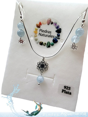 Colgante + Aros Piedra Aguamarina Diseño Mandala Protección 