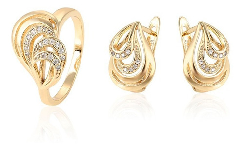 Finos Aretes Y Anillo Gota Swarovski Diamante Oro 14k Lam