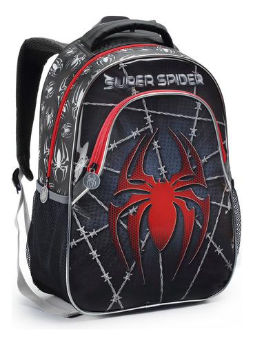 Mochila Escolar Infantil Masculina Reforçada Bolsa De Costas Cor Preto Desenho Do Tecido Super Spider
