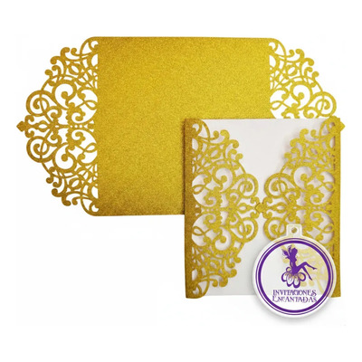30 Invitaciones Corte Laser 14x12cm + 30 Sobres - Gf-419 Glitter Oro | Envío gratis