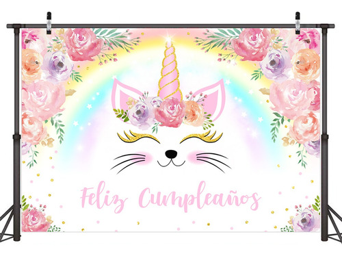 Fondo De Fotografía De Cumpleaños Arco Iris Floral Unicornio