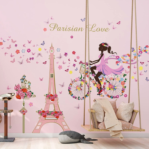 Vinil Pared Decorativos Flores Torre Eiffel Niña Bicicleta
