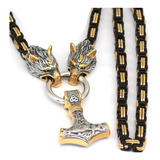 Collar Vikingo Lobo Y Martillo Nordico Acero Black Gold 2022