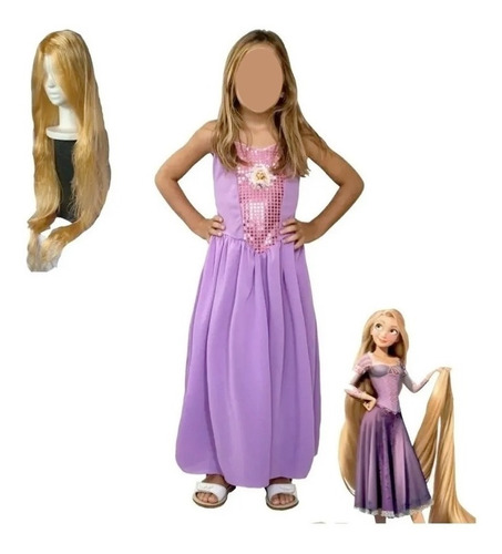 Disfraz Rapunzel Vestido + Peluca Lacio Rubio Enrredados 