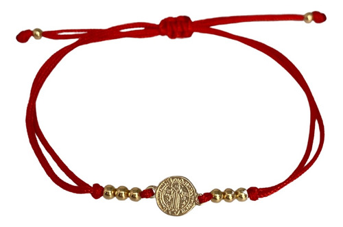 Pulsera San Benito De Oro Laminado 22 K Hilo Rojo Ajustable